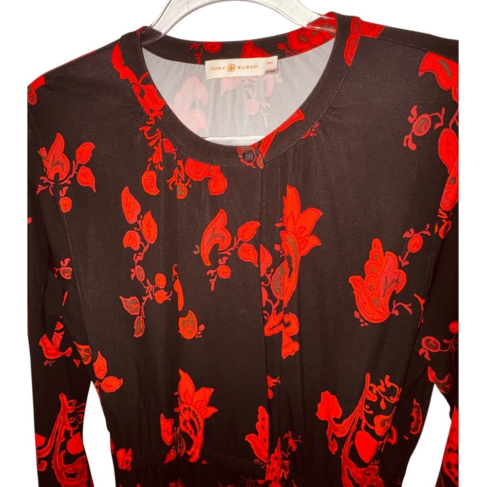 Tory Burch Black Red Floral Midi Dress Medium Classic Luxury Church Office Goth - Picture 4 of 9